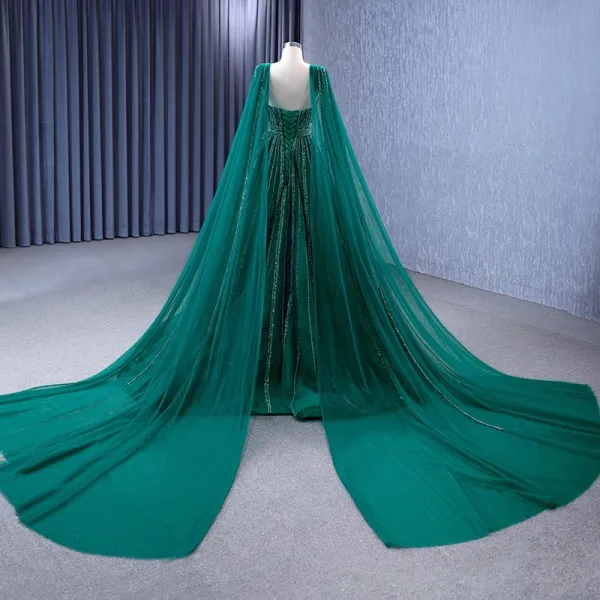 High End Vintage Dunkelgrün Handgefertigt Perlenstickerei Pailletten Ballkleider 2023 A Linie Eckiger Ausschnitt Ärmellos Rückenfreies Hof-Schleppe Ball Festliche Kleider