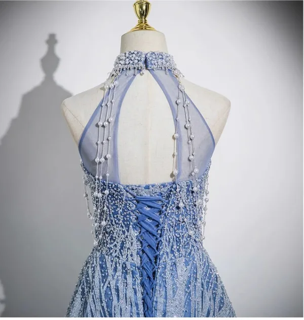 Sparkly Sky Blue Beading Pearl Sequins Prom Dresses 2024 A-Line / Princess High Neck Sleeveless Backless Floor-Length / Long Prom Formal Dresses