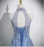 Sparkly Sky Blue Beading Pearl Sequins Prom Dresses 2024 A-Line / Princess High Neck Sleeveless Backless Floor-Length / Long Prom Formal Dresses