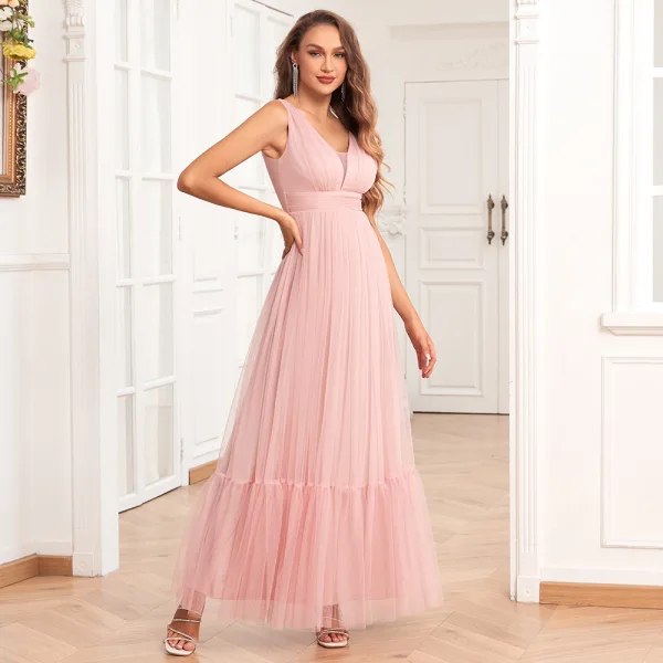 Chic / Beautiful Blushing Pink Prom Dresses 2024 A-Line / Princess V-Neck Sleeveless Backless Floor-Length / Long Prom Formal Dresses