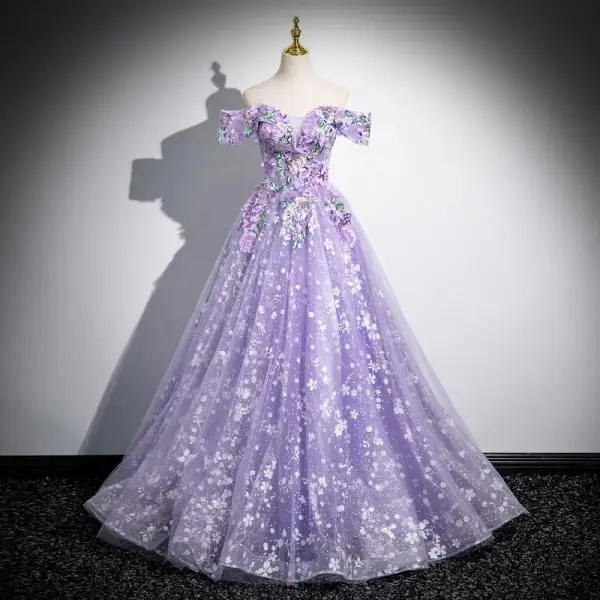 Flower Fairy Lavender Appliques Sequins Prom Dresses 2024 Ball Gown Off-The-Shoulder Short Sleeve Backless Floor-Length / Long Prom Formal Dresses