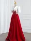 Demure Red Beading Sequins Prom Dresses 2025 Ball Gown V-Neck Short Sleeve Floor-Length / Long Prom Formal Dresses