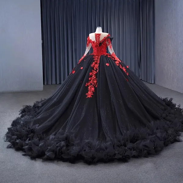 Haut de Gamme Noire En Dentelle Fleur Perlage Paillettes Appliques Tribunal Train Robe De Bal 2024 Robe Boule Encolure Dégagée Manches Longues Promo Robe De Ceremonie