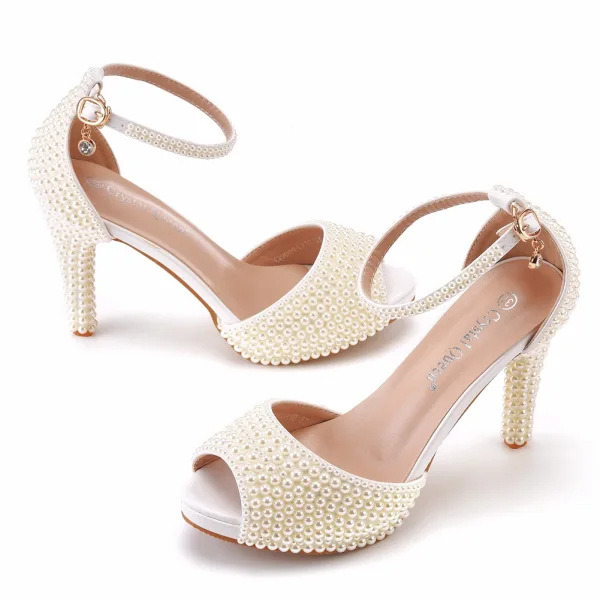 Chic / Beautiful White Pearl Wedding Shoes 2023 10 cm Stiletto Heels Open / Peep Toe Wedding Sandals High Heels