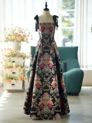 Vintage Retro Black Printing Prom Dresses 2024 A Line Princess Spaghetti Straps Sleeveless Backless Floor Length Long Prom Formal Dresses