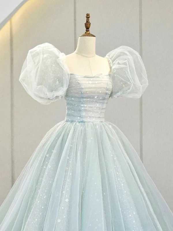 Charmant Himmelblau Pailletten Ballkleider 2023 Ballkleid Eckiger Ausschnitt Kurze Ärmel Geschwollenes Rückenfreies Hof-Schleppe Ball Festliche Kleider
