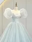Charmant Himmelblau Pailletten Ballkleider 2023 Ballkleid Eckiger Ausschnitt Kurze Ärmel Geschwollenes Rückenfreies Hof-Schleppe Ball Festliche Kleider