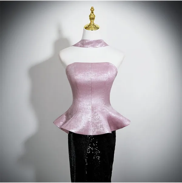 Charmant Rosa Pailletten Partykleider 2025 Meerjungfrau Bandeau Ärmellos Rückenfreies Sweep / Pinsel Zug Cocktail Abend Festliche Kleider