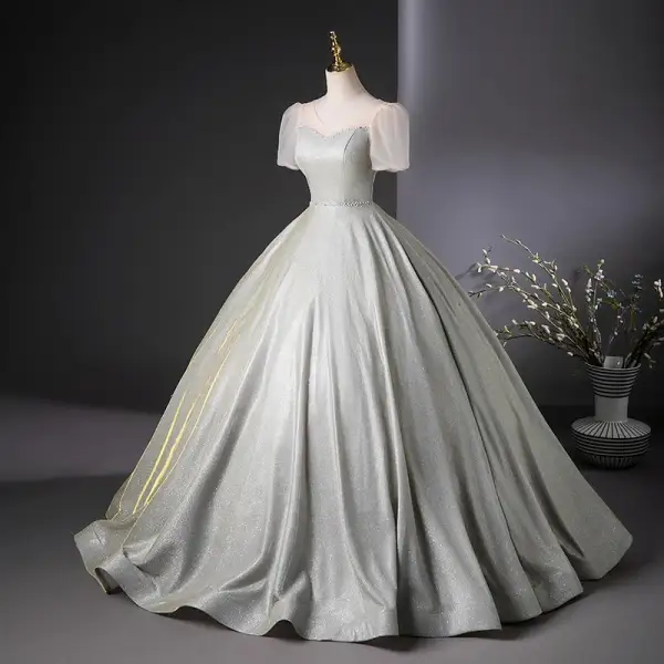 Chic / Beautiful Silver Glitter Prom Dresses 2024 Ball Gown V-Neck Short Sleeve Backless Floor-Length / Long Prom Formal Dresses