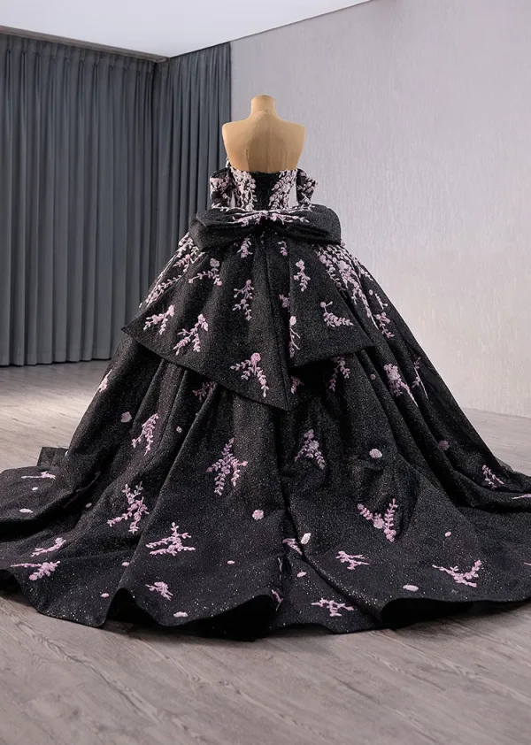 Vintage / Retro High-end Black Handmade  Beading Prom Dresses 2024 Ball Gown Off-The-Shoulder Short Sleeve Backless Bow Court Train Prom Formal Dresses