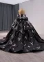 Vintage / Retro High-end Black Handmade  Beading Prom Dresses 2024 Ball Gown Off-The-Shoulder Short Sleeve Backless Bow Court Train Prom Formal Dresses