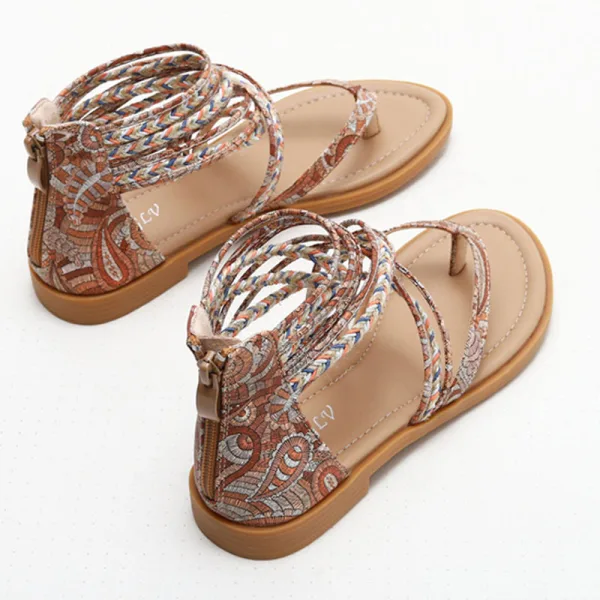 Bohême Ethnique Marron Plage Plate Sandales Femme 2022 Bride Cheville Peep Toes / Bout Ouvert Sandales
