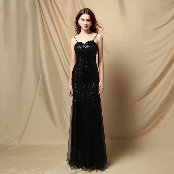 Scintillantes Blanche Paillettes Robe De Soirée 2024 Trompette / Sirène Bretelles Spaghetti Sans Manches Dos Nu Longue Soirée Robe De Ceremonie