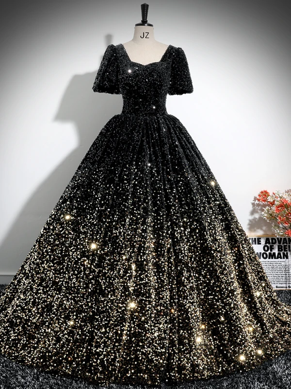 Glitzernden Schwarz Pailletten Ballkleider 2024 Ballkleid Eckiger Ausschnitt Kurze Ärmel Rückenfreies Lange Ball Festliche Kleider