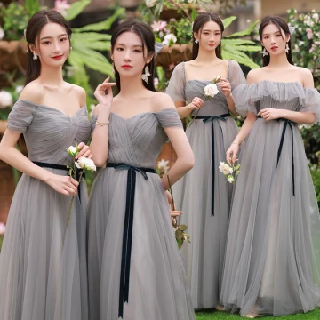 Simple Gris Robe Demoiselle D Honneur 2022 Princesse Noeud Ceinture Manches Courtes Dos Nu Longue Robe De Ceremonie