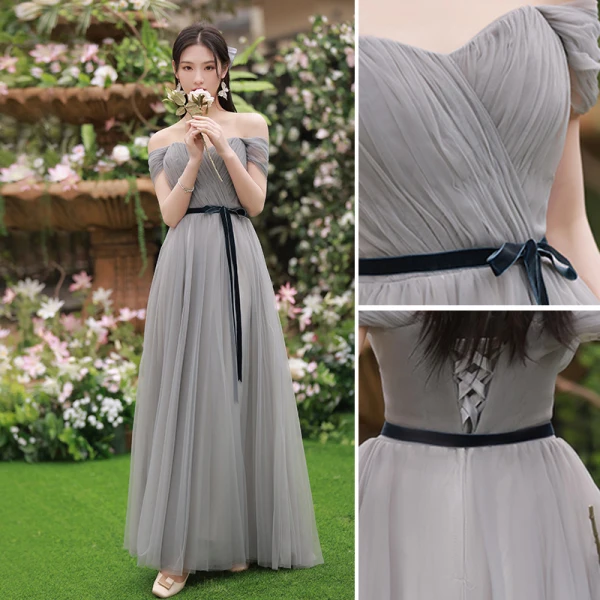 Simple Gris Robe Demoiselle D'honneur 2022 Princesse Noeud Ceinture Manches Courtes Dos Nu Longue Robe De Ceremonie
