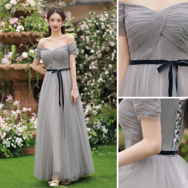 Simple Gris Robe Demoiselle D'honneur 2022 Princesse Noeud Ceinture Manches Courtes Dos Nu Longue Robe De Ceremonie