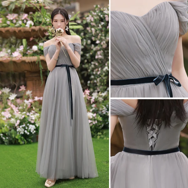 Modest / Simple Grey Bridesmaid Dresses 2022 A-Line / Princess Short Sleeve Backless Sash Bow Floor-Length / Long Bridesmaid Dresses