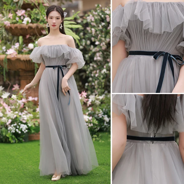 Simple Gris Robe Demoiselle D'honneur 2022 Princesse Noeud Ceinture Manches Courtes Dos Nu Longue Robe De Ceremonie