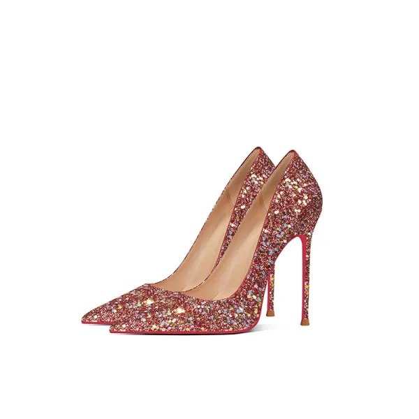 Sparkly Red Evening Party Sequins Pumps 2024 Leather 10 cm Stiletto Heels Pointed Toe High Heels