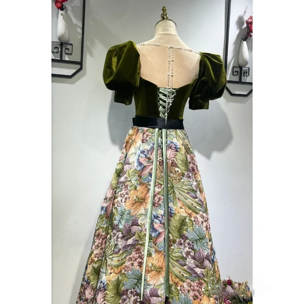 Elegant Clover Green Satin Printing Prom Dresses 2022 A-Line / Princess Square Neckline Puffy Short Sleeve Backless Pearl Sash Bow Floor-Length / Long Formal Dresses