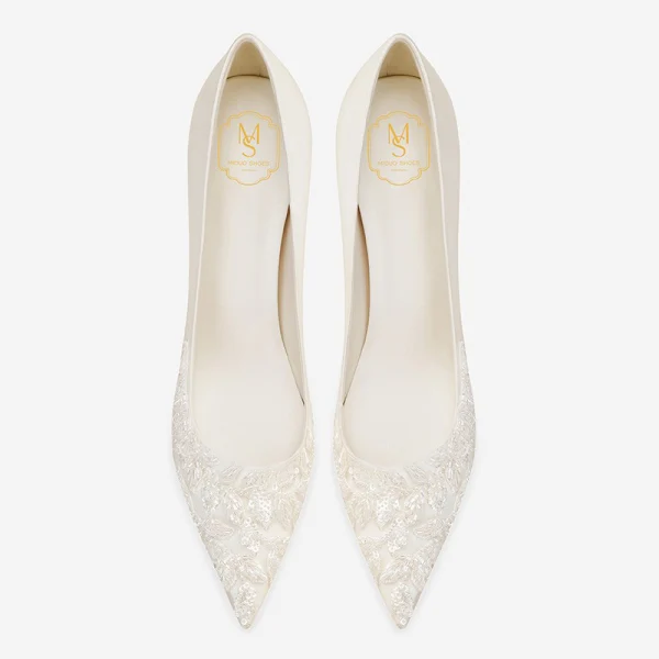 Elegant Ivory Leather Sequins Wedding Shoes 2022 8 cm Stiletto Heels Pointed Toe Wedding Pumps High Heels