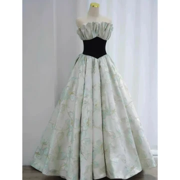 Chic Beautiful Sage Green Printing Satin Prom Dresses 2023 A Line Princess Strapless Sleeveless Backless Floor Length Long Prom Formal Dresses