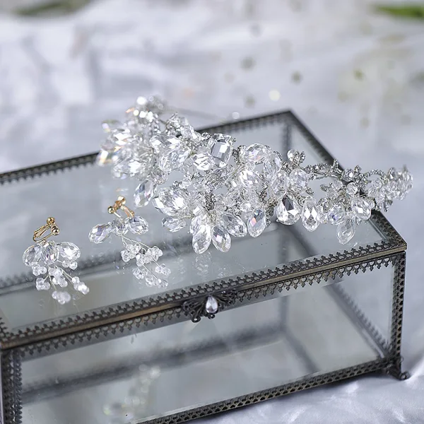 Charmant Argenté Fait main Faux Diamant Cristal Accessoire Cheveux Mariage Tiare Boucles D'Oreilles 2023 Alliage