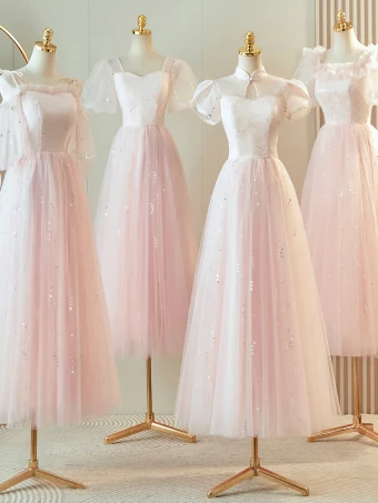 Simple Rougissant Rose Paillettes Robe Demoiselle D Honneur 2024 Princesse Manches Courtes Dos Nu Longue