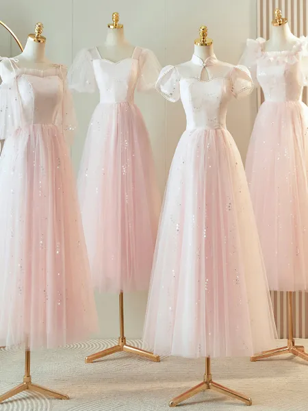 Modest / Simple Blushing Pink Sequins Bridesmaid Dresses 2024 A-Line / Princess Short Sleeve Backless Floor-Length / Long