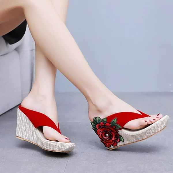 Bohemia Red Lace Flower Beach Womens Sandals 2024 9 cm Wedges Open / Peep Toe Sandals