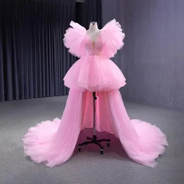 Unusual Candy Pink Summer Cascading Ruffles Prom Dresses Party Dresses 2023 Ball Gown V Neck Ruffle Short Sleeve Court Train Prom Formal Dresses