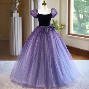 Chic Belle Lilas Paillettes Robe De Bal 2024 Robe Boule Encolure Carrée Gonflée Manches Courtes Dos Nu Noeud Longue Promo Robe De Ceremonie