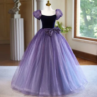 Chic Beautiful Lilac Sequins Prom Dresses 2024 Ball Gown Square Neckline Puffy Short Sleeve Backless Bow Floor Length Long Prom Formal Dresses