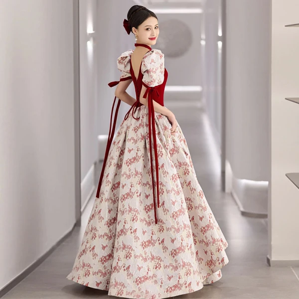 Elegant Burgundy Printing Prom Dresses 2022 A-Line / Princess Square Neckline Short Sleeve Backless Bow Floor-Length / Long Satin Formal Dresses