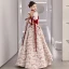 Elegant Burgundy Printing Prom Dresses 2022 A-Line / Princess Square Neckline Short Sleeve Backless Bow Floor-Length / Long Satin Formal Dresses