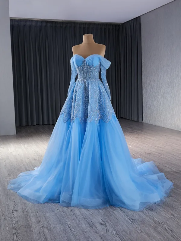 High-end Pool Blue Handmade  Beading Sequins Prom Dresses 2024 Ball Gown Off-The-Shoulder Long Sleeve Backless Court Train Prom Formal Dresses