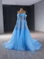 High-end Pool Blue Handmade  Beading Sequins Prom Dresses 2024 Ball Gown Off-The-Shoulder Long Sleeve Backless Court Train Prom Formal Dresses