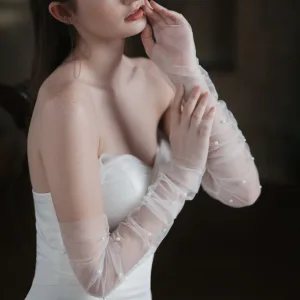 Schöne Weiß Perle Tülle Hochzeit Brauthandschuhe 2025