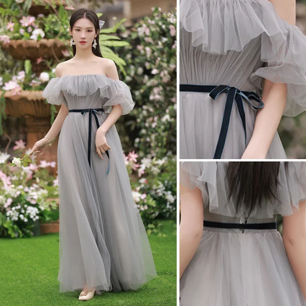 Modest / Simple Grey Bridesmaid Dresses 2022 A-Line / Princess Short Sleeve Backless Sash Bow Floor-Length / Long Bridesmaid Dresses