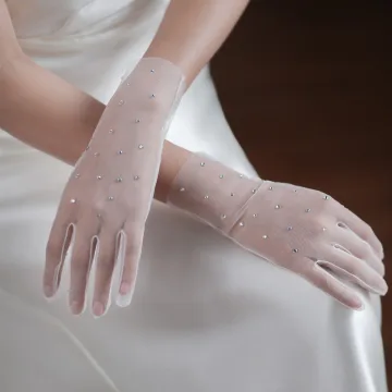 Enkla Vita Handgjort Rhinestone Tyll Bröllop Brudhandskar 2025