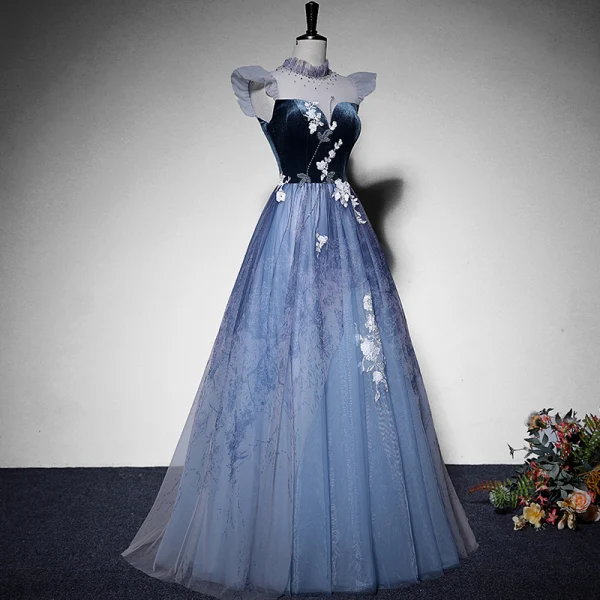 Elegante Himmelblau Wildleder Ballkleider 2022 A Linie Stehkragen Ärmellos Perlenstickerei Spitze Blumen Lange Festliche Kleider