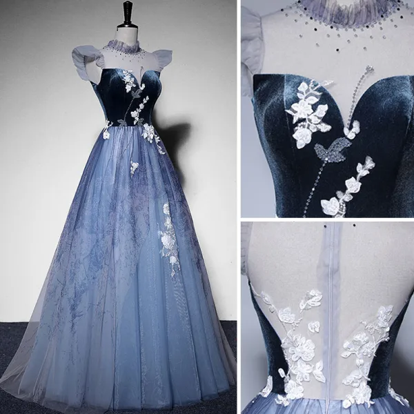 Elegante Himmelblau Wildleder Ballkleider 2022 A Linie Stehkragen Ärmellos Perlenstickerei Spitze Blumen Lange Festliche Kleider