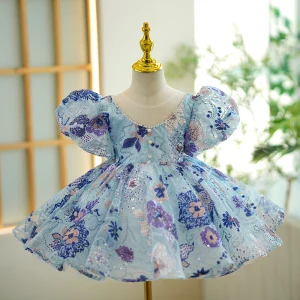 Chic Belle Bleu Ciel Perlage Perle Paillettes Courte Anniversaire Robe Ceremonie Fille 2023 Robe Boule Encolure Dégagée Gonflée Manches Courtes