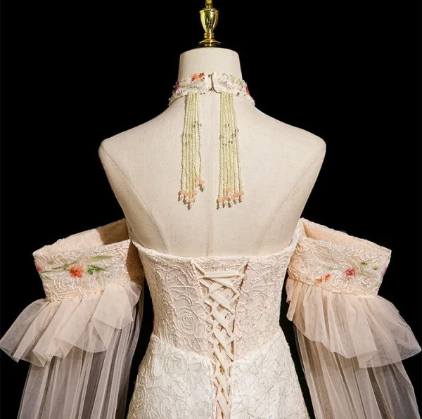 Élégant Champagne Perlage Gland Paillettes En Dentelle Fleur Robe De Bal 2025 Princesse Col Haut Manches Courtes Dos Nu Longue Robe De Ceremonie