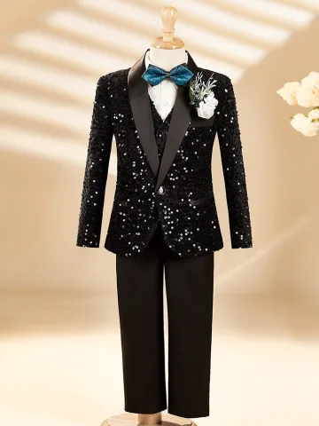 Black Sequins Long Sleeve Fall Winter 6 Piece Boys Wedding Suits Body Jewellery 2025 Coat Pants Shirt Tie Vest