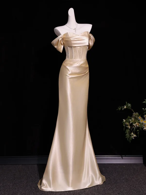 Sexy Champagne Trumpet / Mermaid Evening Dresses 2026 Off-The-Shoulder Sleeveless Backless Floor-Length / Long Formal Dresses
