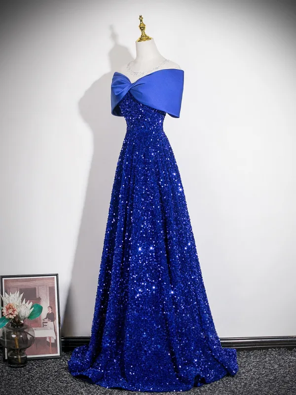 Dazzling Royal Blue Sequins Evening Dresses 2026 A-Line / Princess Off-The-Shoulder Bow Short Sleeve Backless