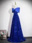 Dazzling Royal Blue Sequins Evening Dresses 2026 A-Line / Princess Off-The-Shoulder Bow Short Sleeve Backless