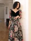 Vintage / Retro Fancy Black Printing Prom Dresses 2023 A-Line / Princess V-Neck 1/2 Sleeves Backless Prom Floor-Length / Long Formal Dresses